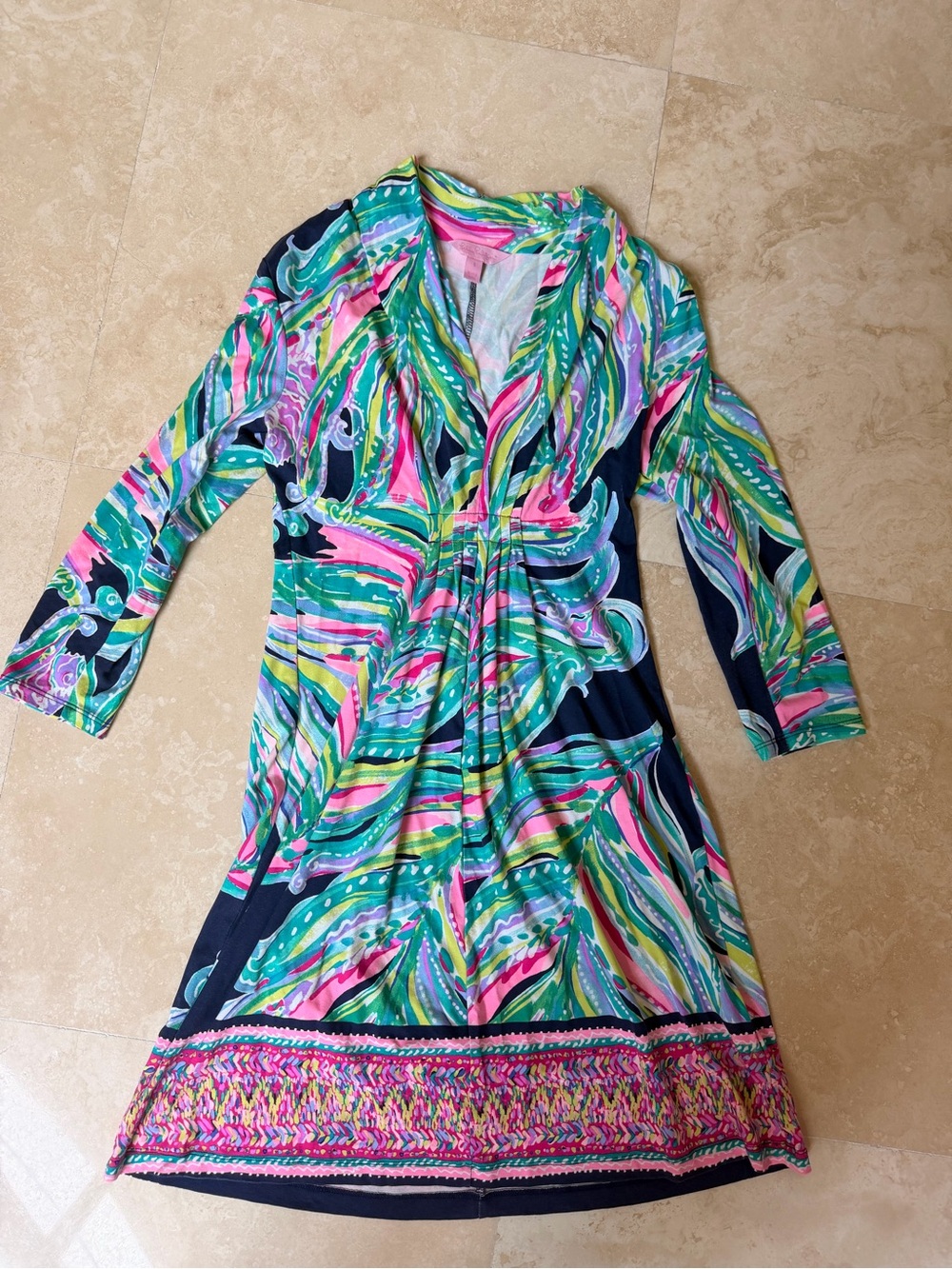 Lilly Pulitzer Navy Multicolor Long-Sleeve V-Neck Wrap Dress- S